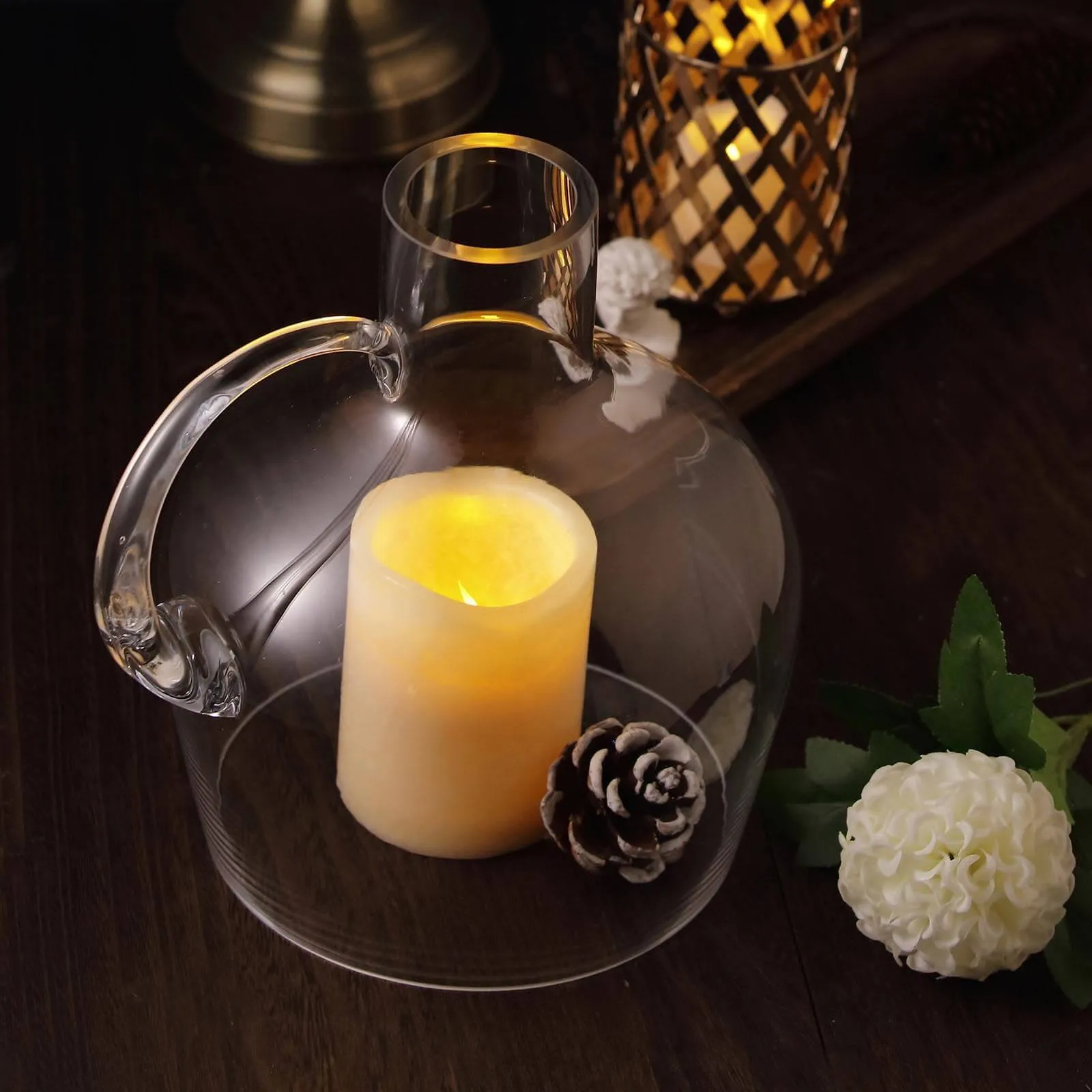 10" Heavy Duty Clear Glass Vases Candle Holder Centerpiece, Cloche Jar Dome With Wooden Base