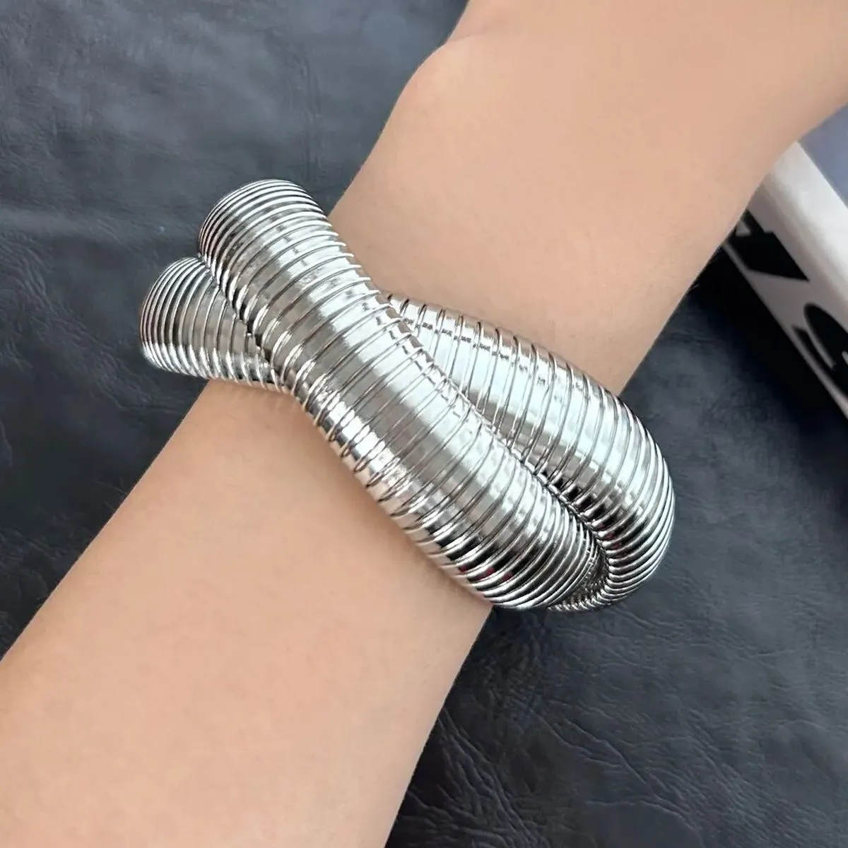 12mm Dual Layer Stretchable Snake Elastic Silver Anti Tarnish Stainless Steel Bangle Bracelet for Women