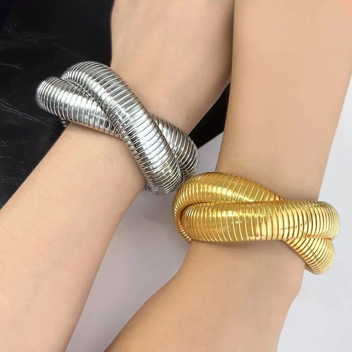 12mm Dual Layer Stretchable Snake Elastic Silver Anti Tarnish Stainless Steel Bangle Bracelet for Women