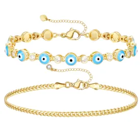 14k Gold Plated Dainty Layered Evil Eye Bracelets- Light Blue Eyes & Cuban