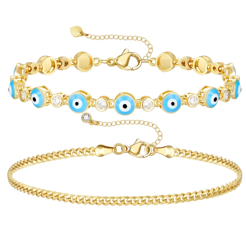 14k Gold Plated Dainty Layered Evil Eye Bracelets- Light Blue Eyes & Cuban