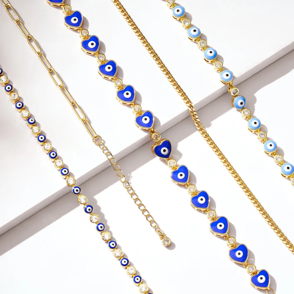 14k Gold Plated Dainty Layered Evil Eye Bracelets- Light Blue Eyes & Cuban