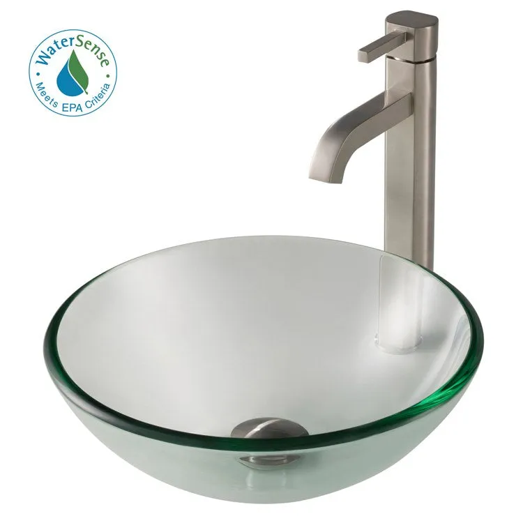 14" Clear Glass Bathroom Vessel Sink and Ramus Faucet Combo Set with Pop-Up Drain