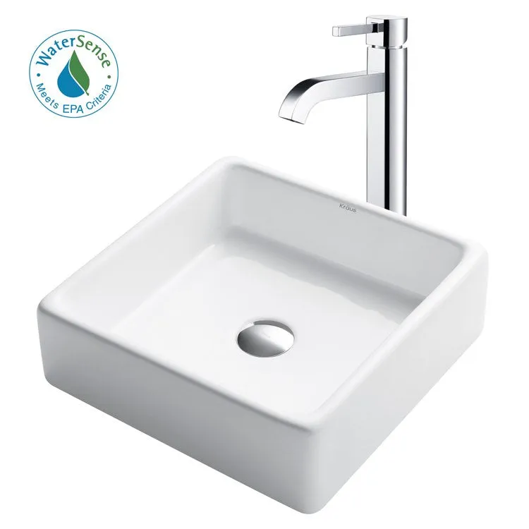 15" Square White Porcelain Bathroom Vessel Sink and Ramus Faucet Combo Set with Pop-Up Drain