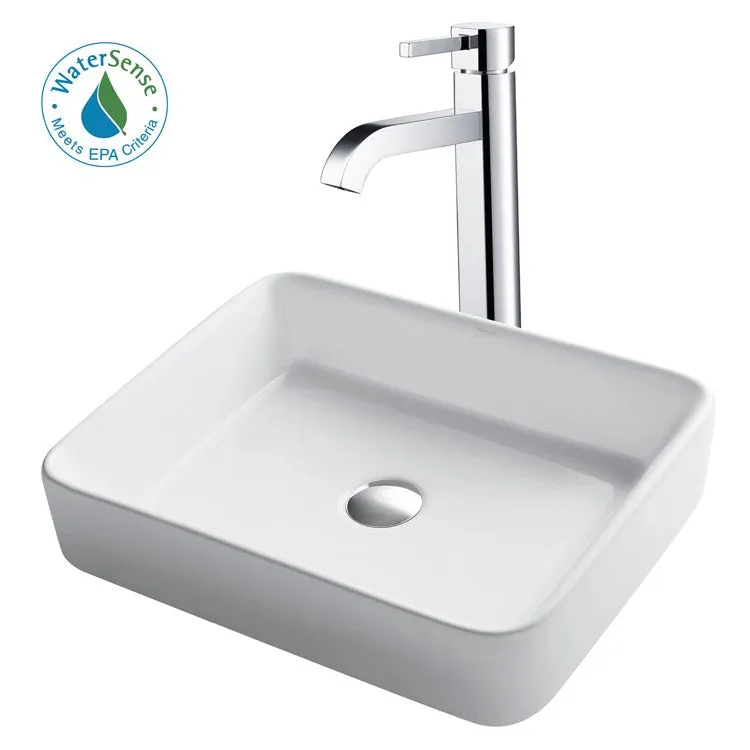 19" Rectangular White Porcelain Bathroom Vessel Sink and Ramus Faucet Combo Set with Pop-Up Drain