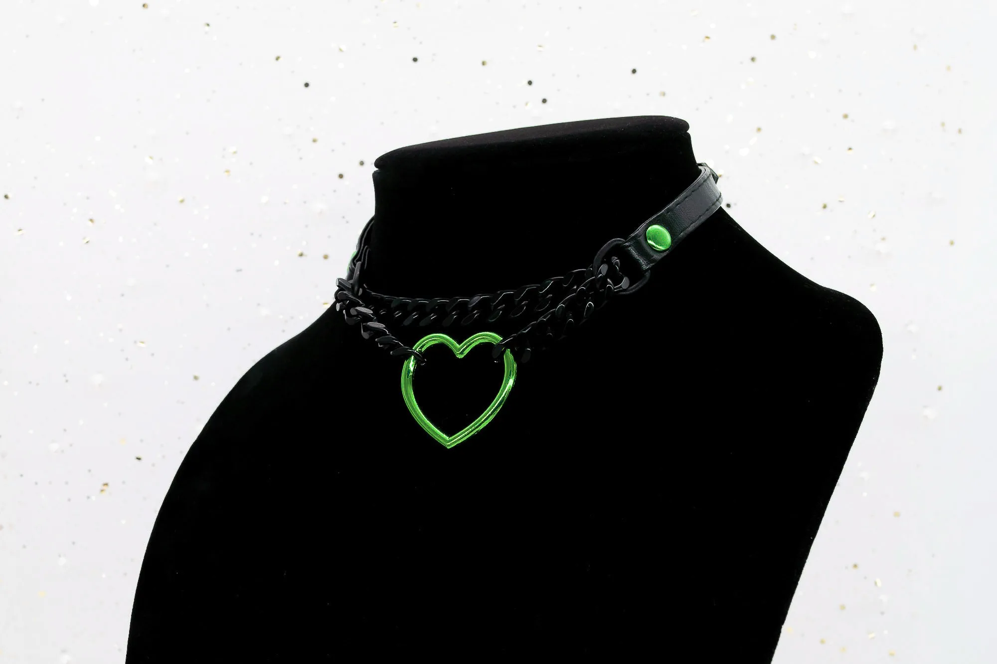 3/8" Green Heart Ring Black Vegan Leather Martingale Collar