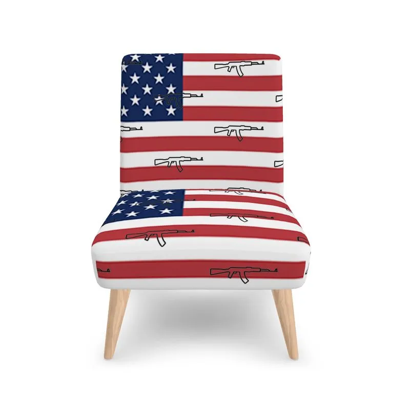 #411 cocknload modern chair in a USA flag and gun print