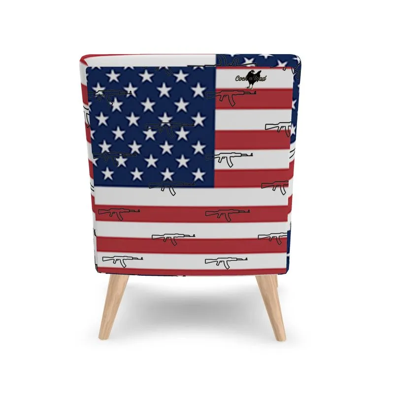 #411 cocknload modern chair in a USA flag and gun print