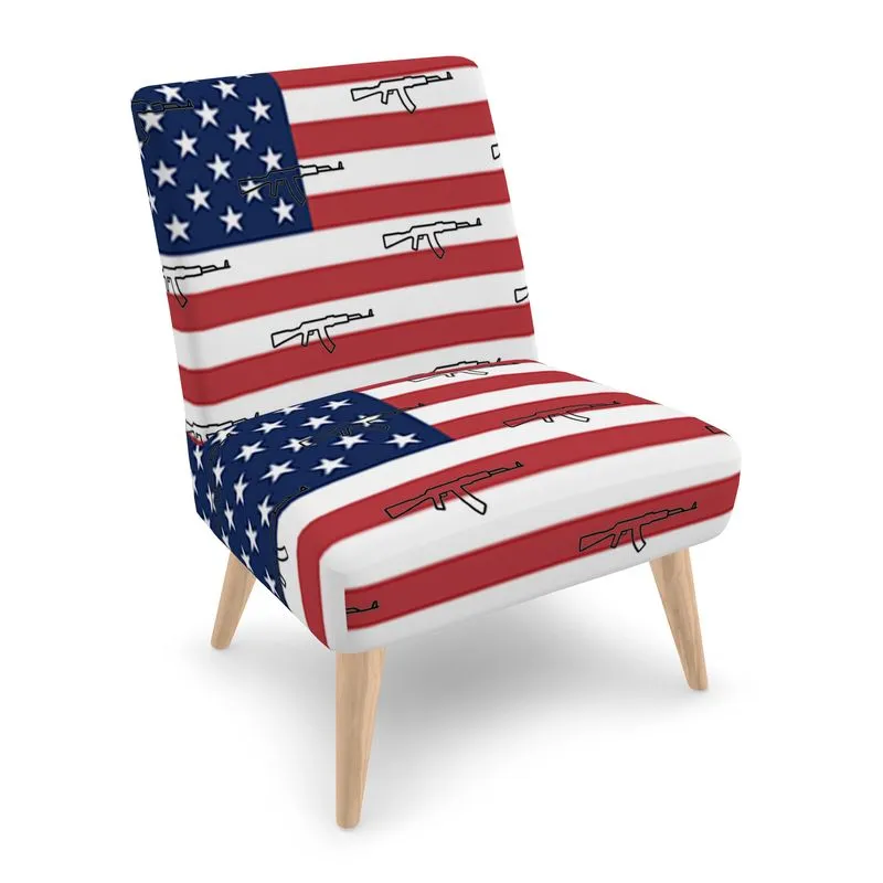 #411 cocknload modern chair in a USA flag and gun print