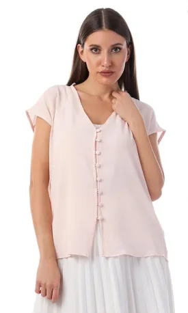 57121 Buttoned V-Neck Elegant Shirt - Powder Pink