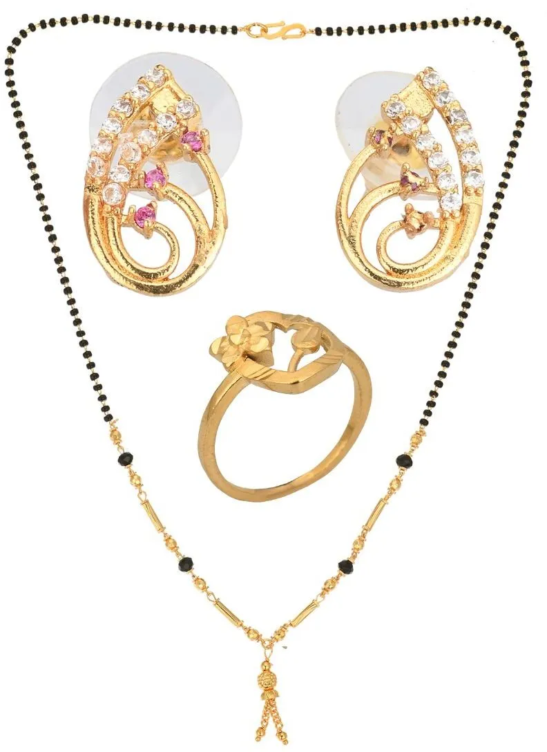 AanyaCentric Gold-plated Jewelry Combo: Elegant Short Mangalsutra, Finger Ring, and American Diamond Earrings Set