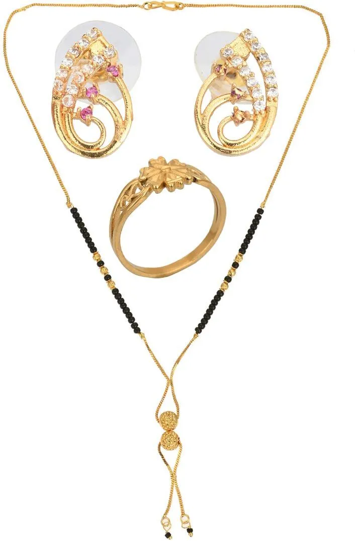 AanyaCentric Gold-plated Jewelry Combo: Elegant Short Mangalsutra, Finger Ring, and American Diamond Earrings Set