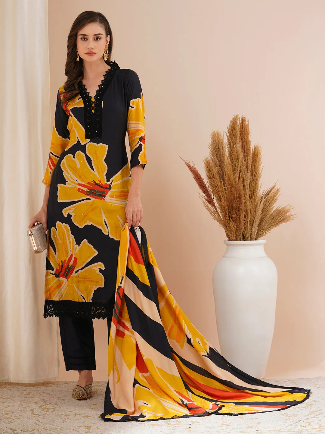 Abstract Floral Printed & Embroidered Straight Kurta with Pant & Dupatta - Black