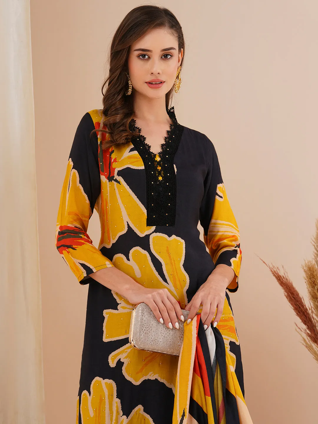 Abstract Floral Printed & Embroidered Straight Kurta with Pant & Dupatta - Black