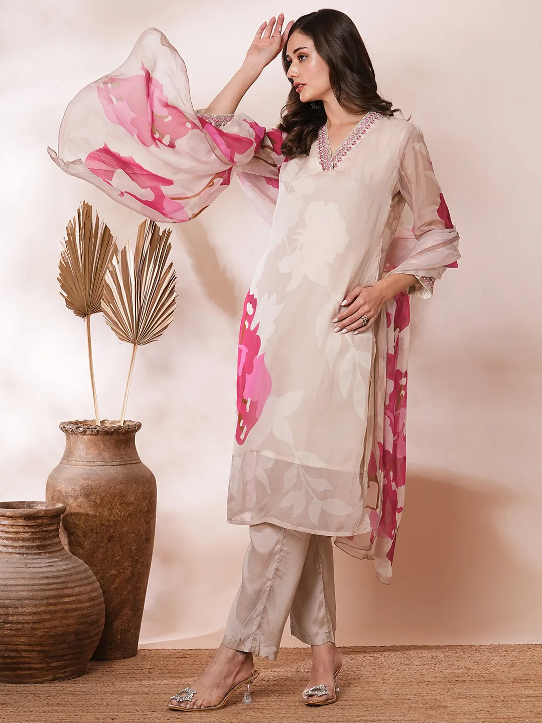 Abstract Floral Printed & Embroidered Straight Kurta with Pant & Dupatta - Taupe