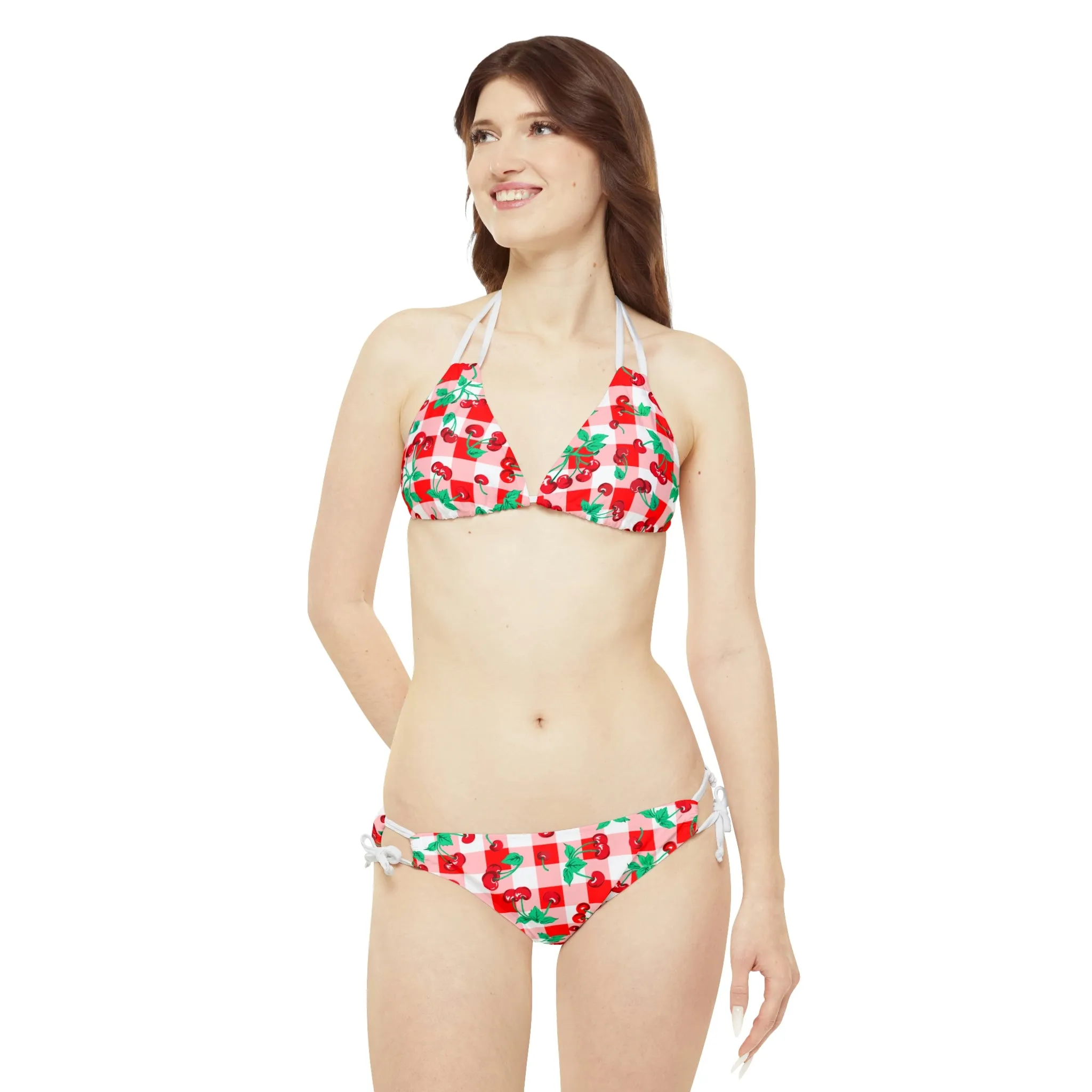 Alex Red Gingham Vintage Cherry Print Strappy Bikini Set | Pinup Couture Swim