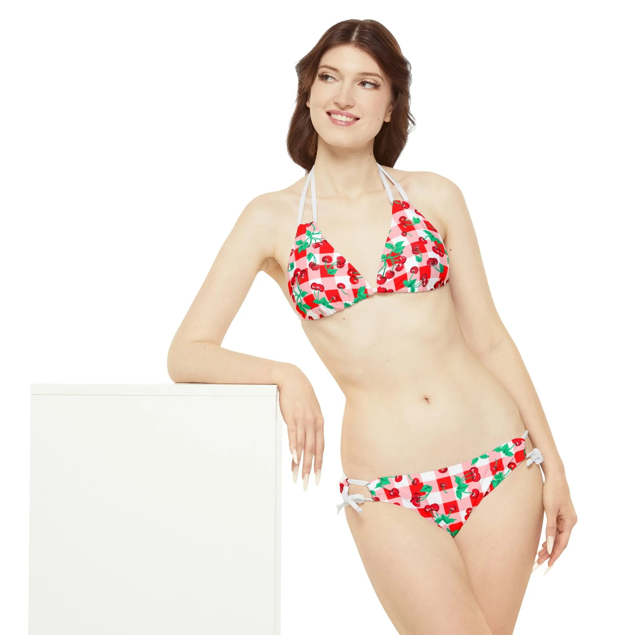 Alex Red Gingham Vintage Cherry Print Strappy Bikini Set | Pinup Couture Swim