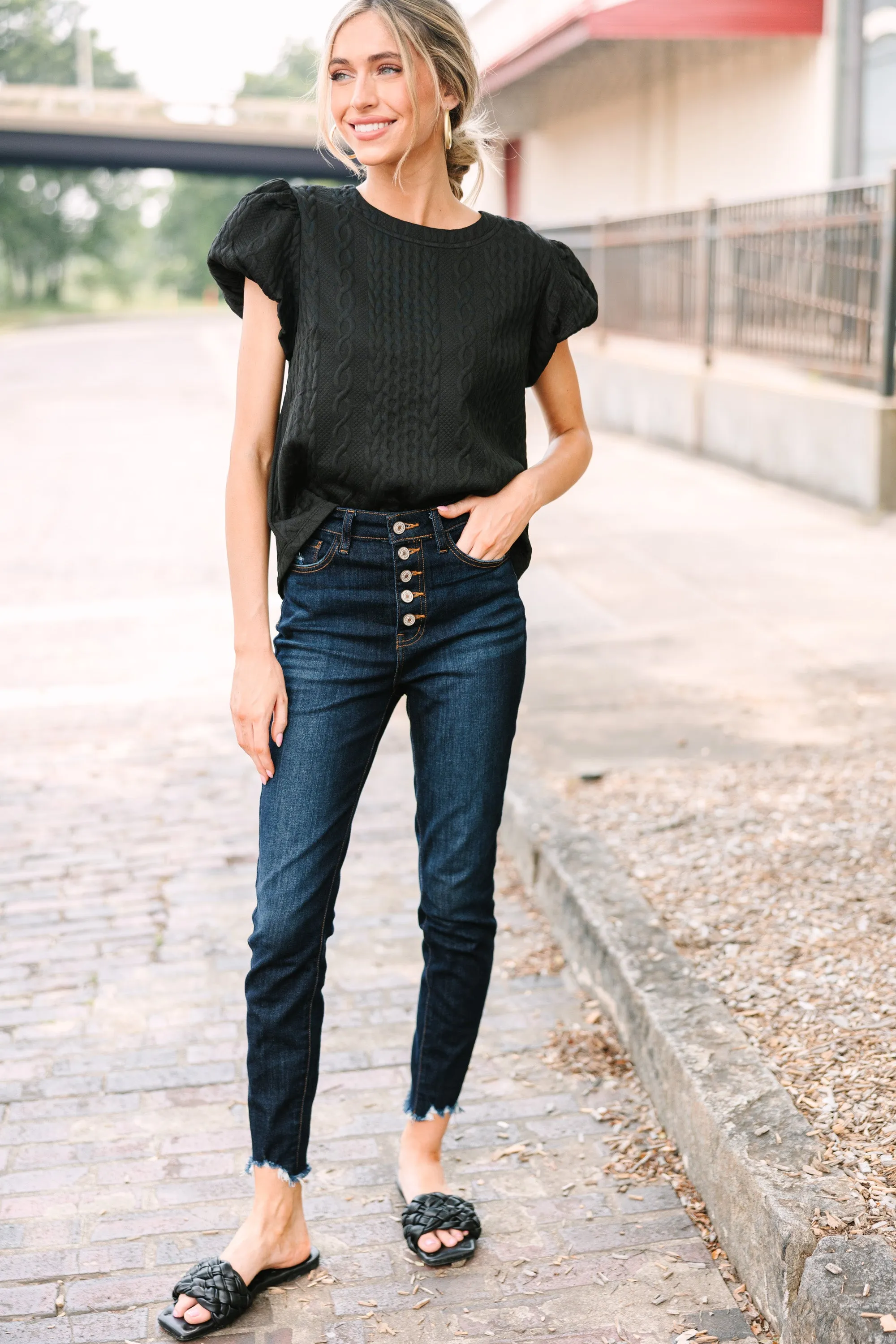 All In The Tone Black Cable Knit Blouse