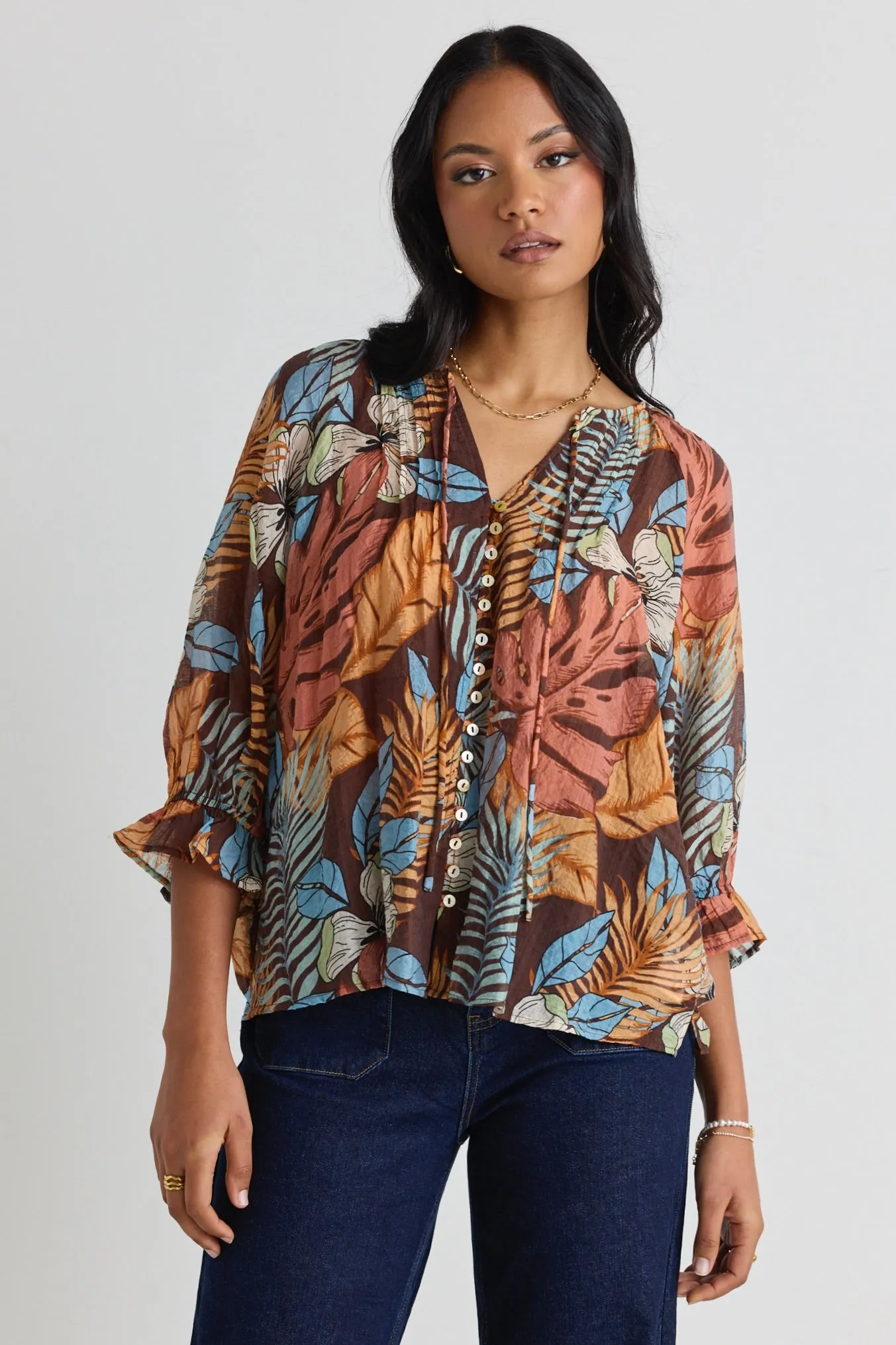 Antic Tropical Chocolate Print Pintuck Front Short Sleeve Top