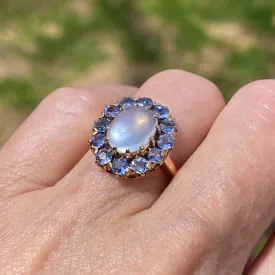 Antique Blue Sapphire Halo Moonstone Ring in Gold