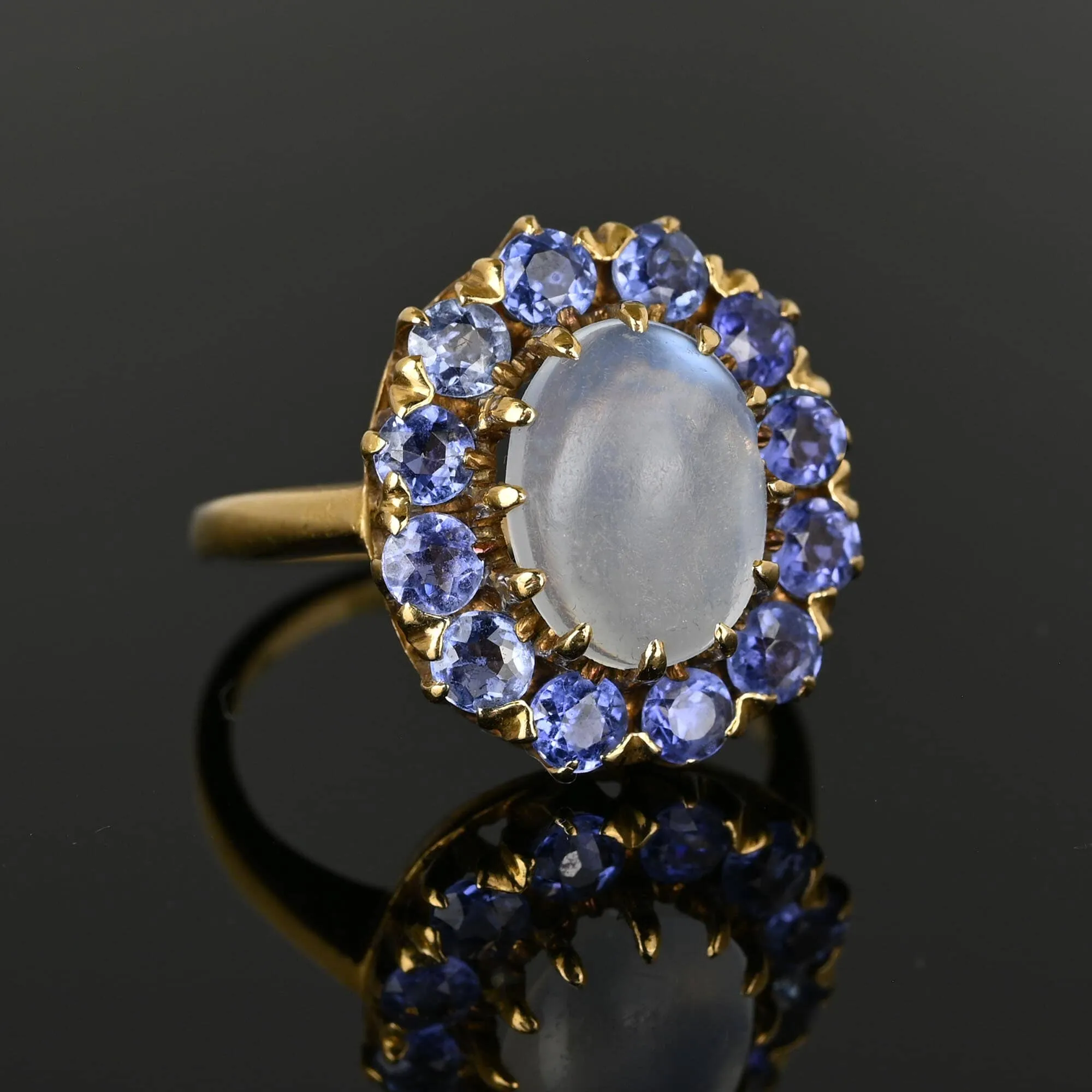 Antique Blue Sapphire Halo Moonstone Ring in Gold