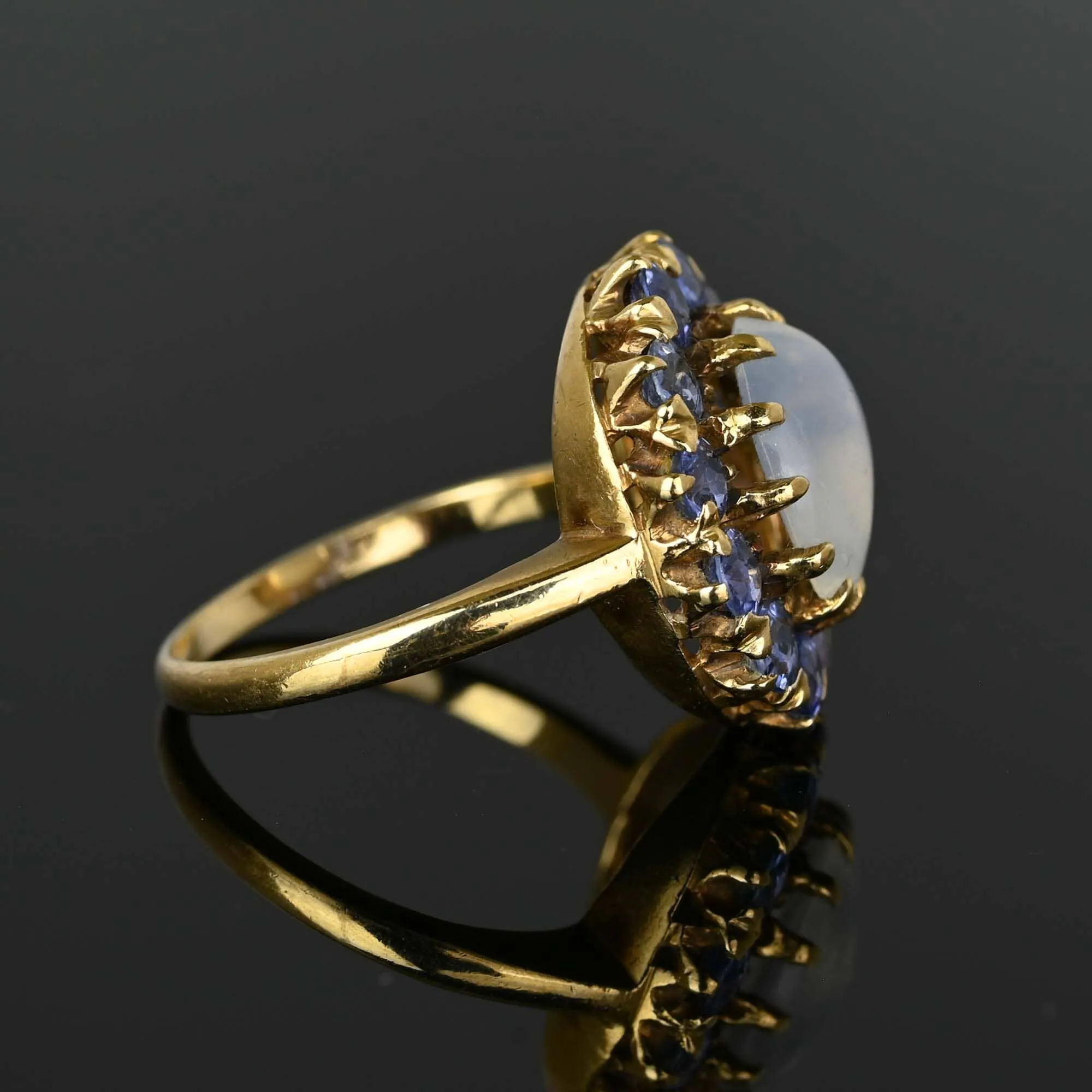 Antique Blue Sapphire Halo Moonstone Ring in Gold