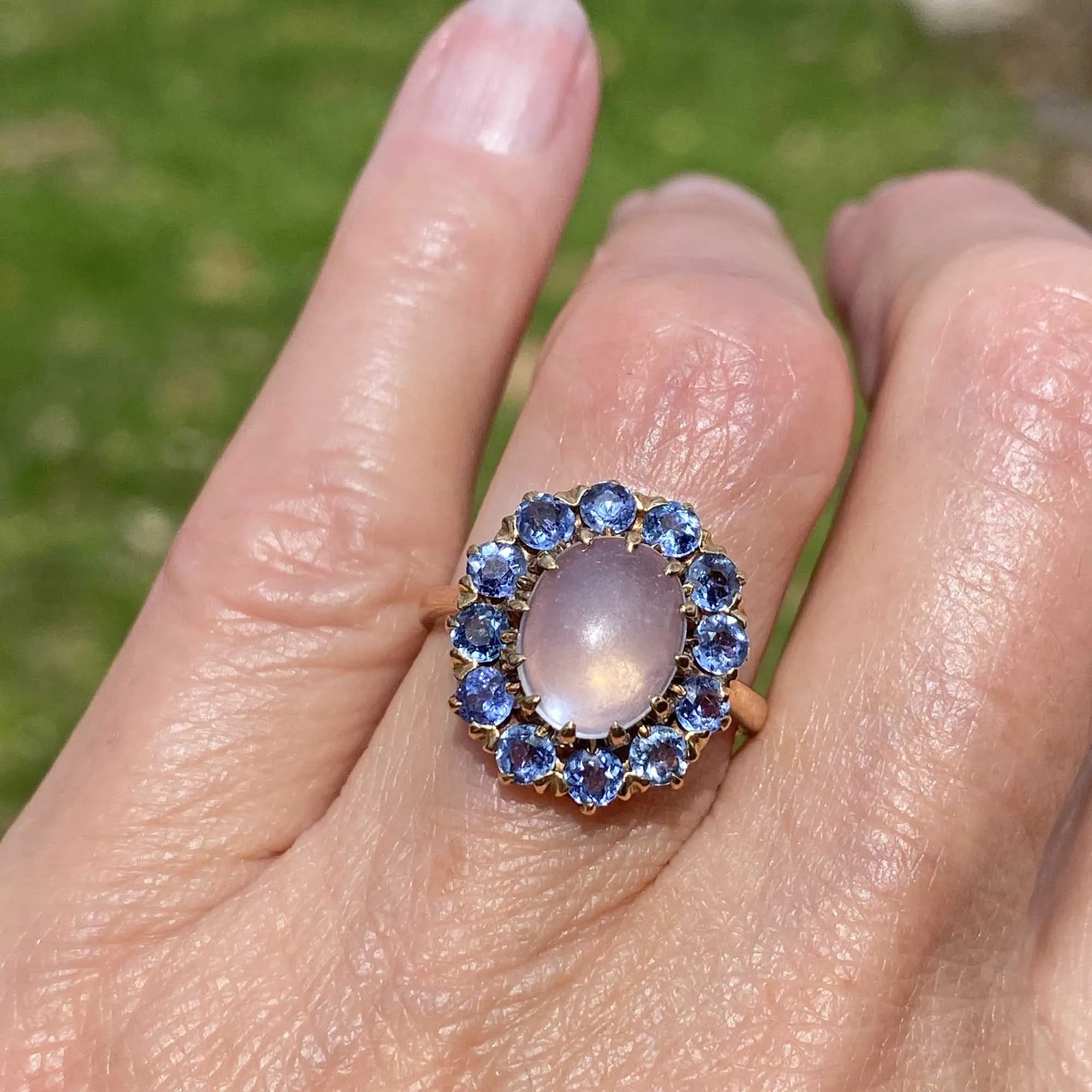 Antique Blue Sapphire Halo Moonstone Ring in Gold