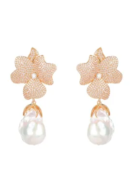 Baroque Pearl White Flower Drop Earrings Rosegold