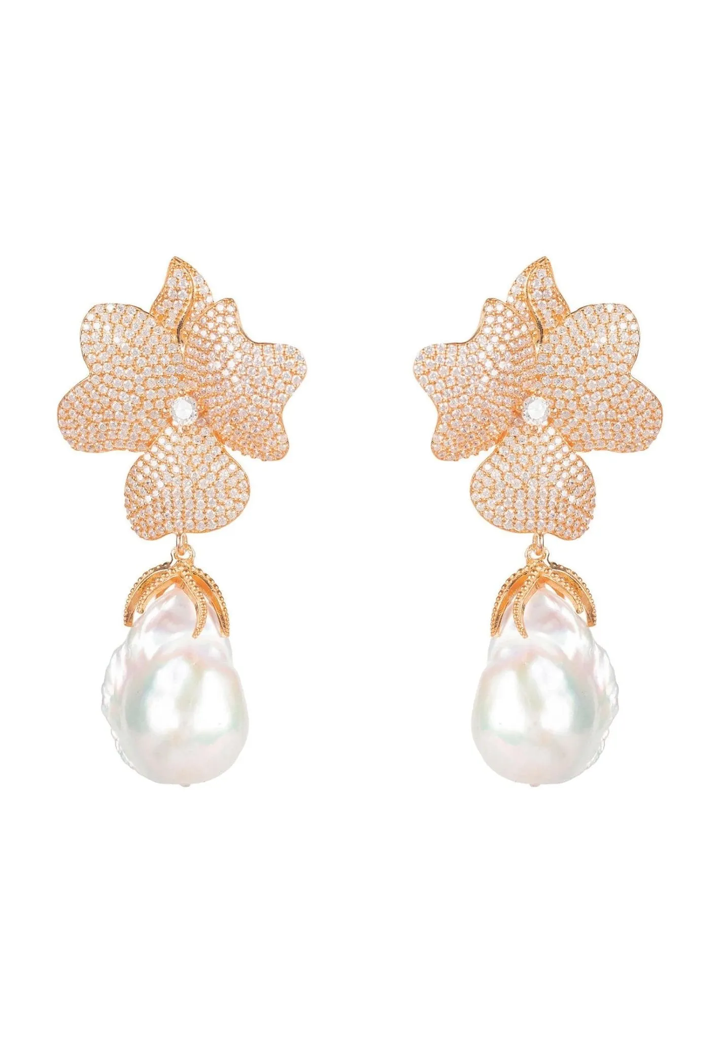 Baroque Pearl White Flower Drop Earrings Rosegold