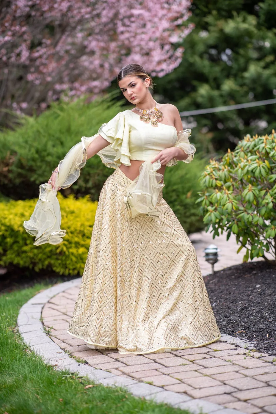 Beautiful Lemon Yellow One Shoulder Lehenga Set - Rent