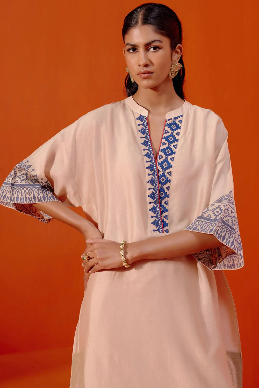 Beige and Blue Embroidered Kaftan Set