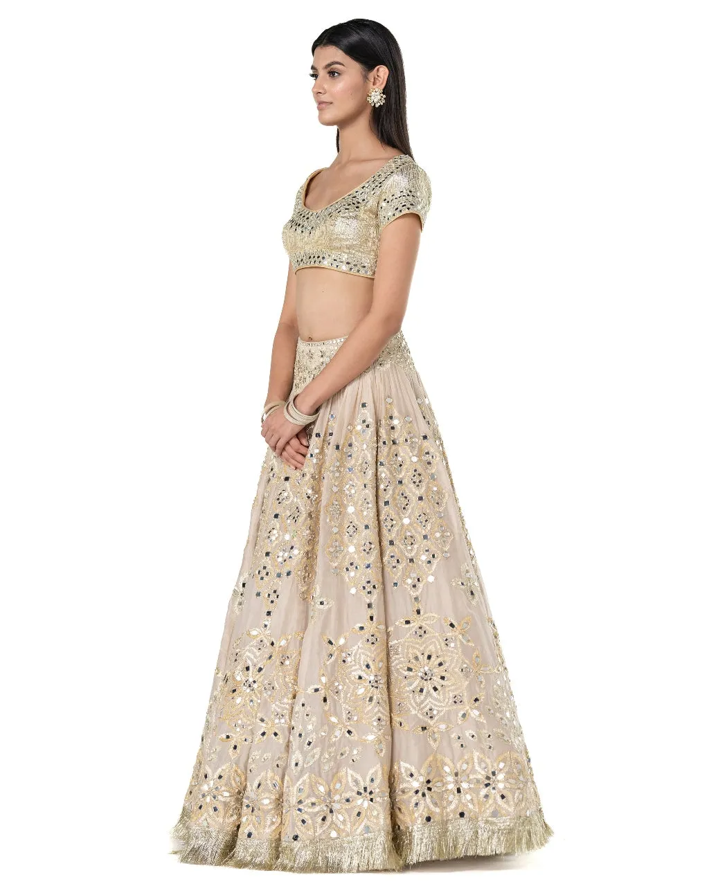 Beige Mirror Embellished Lehenga Set