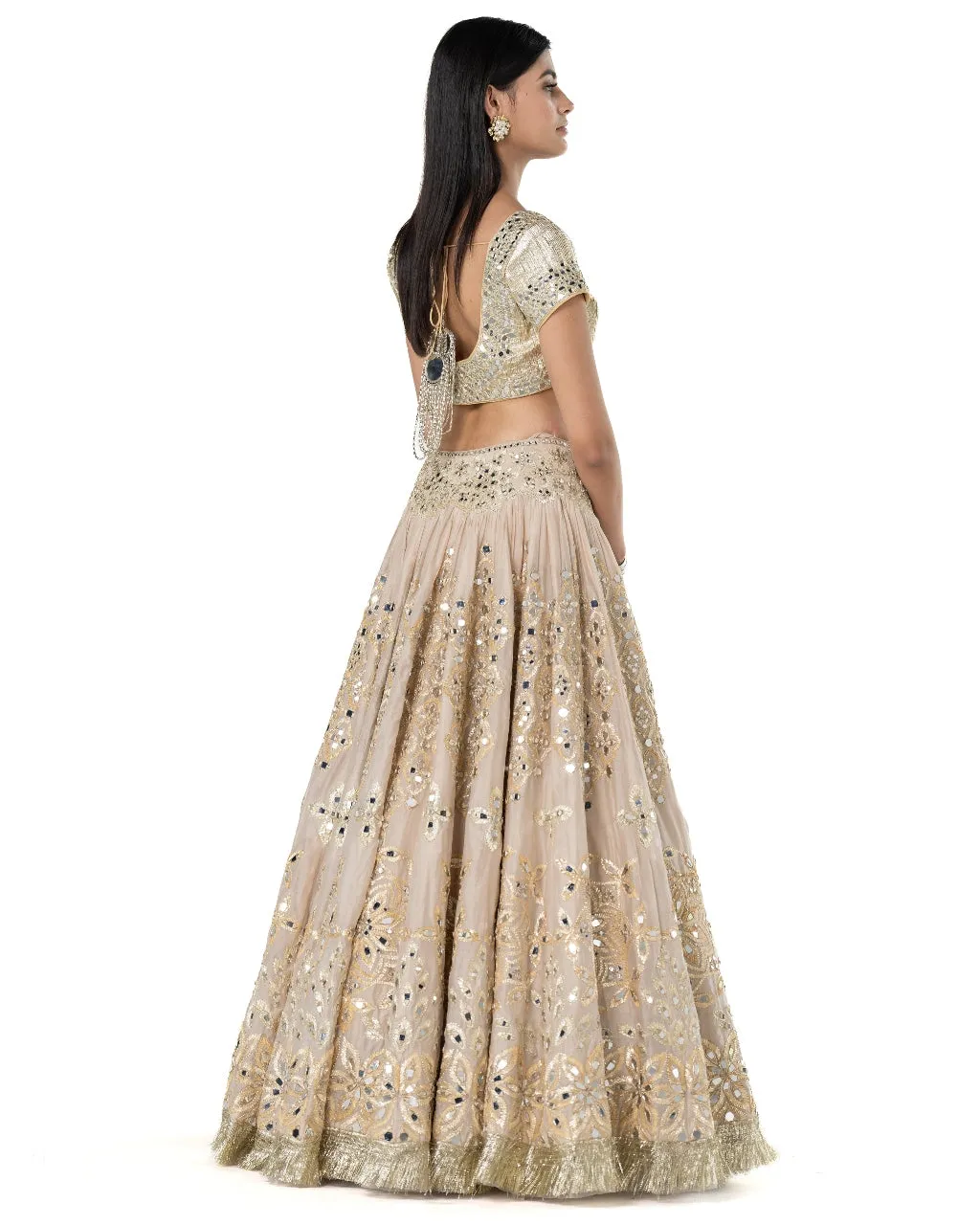 Beige Mirror Embellished Lehenga Set