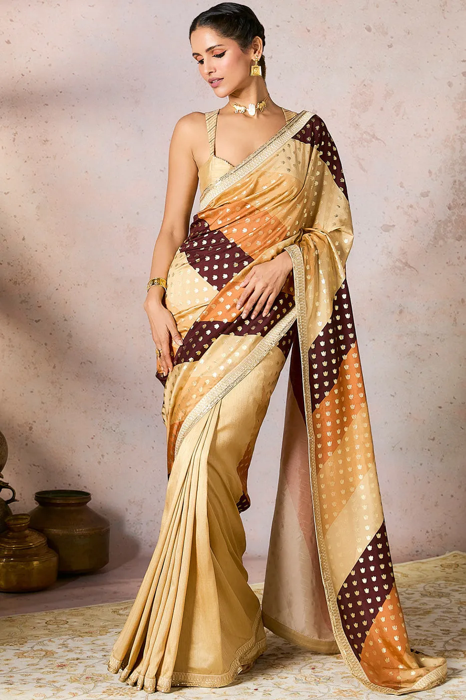 Beige Stripe Foil Saree