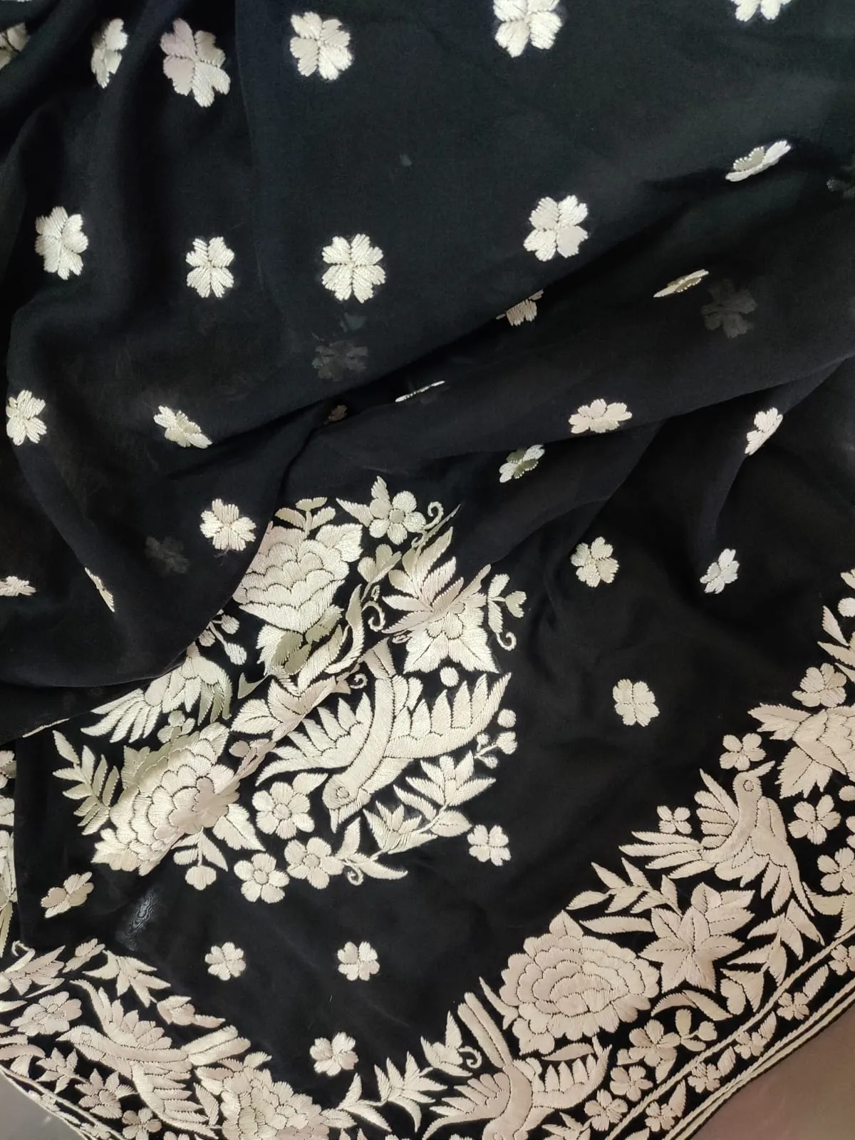 Black Hand Embroidered Parsi Gara Pure Georgette Dupatta