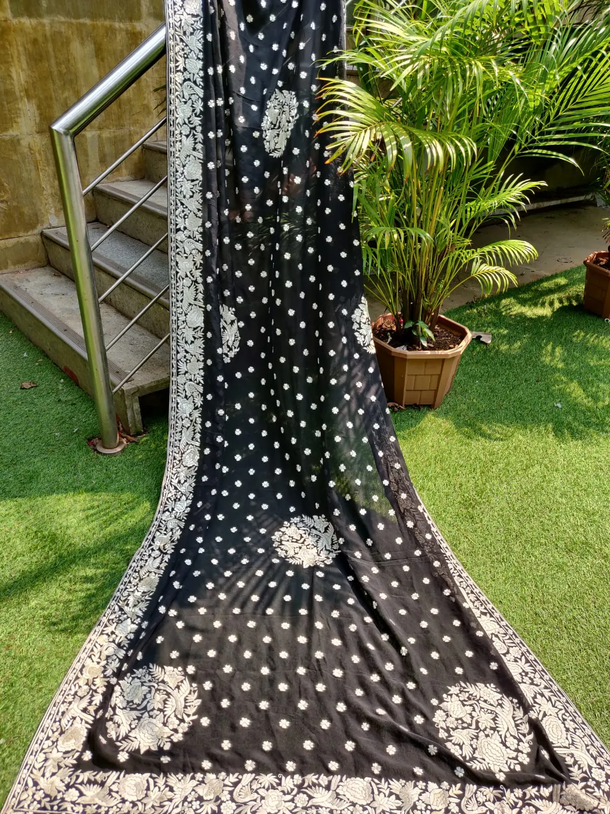 Black Hand Embroidered Parsi Gara Pure Georgette Dupatta