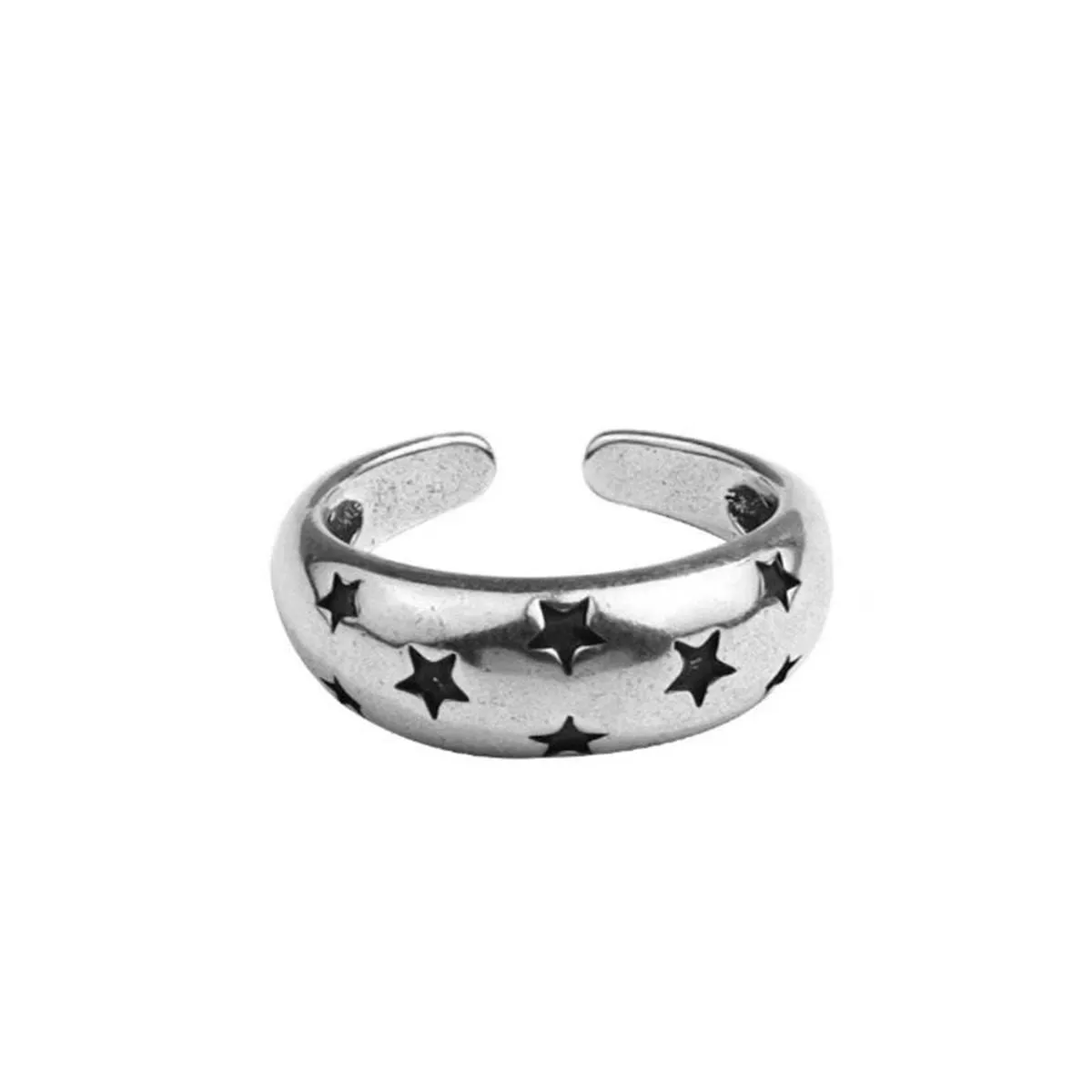 Black Star Glossy Silver Open Back Free Size Band Ring for Women