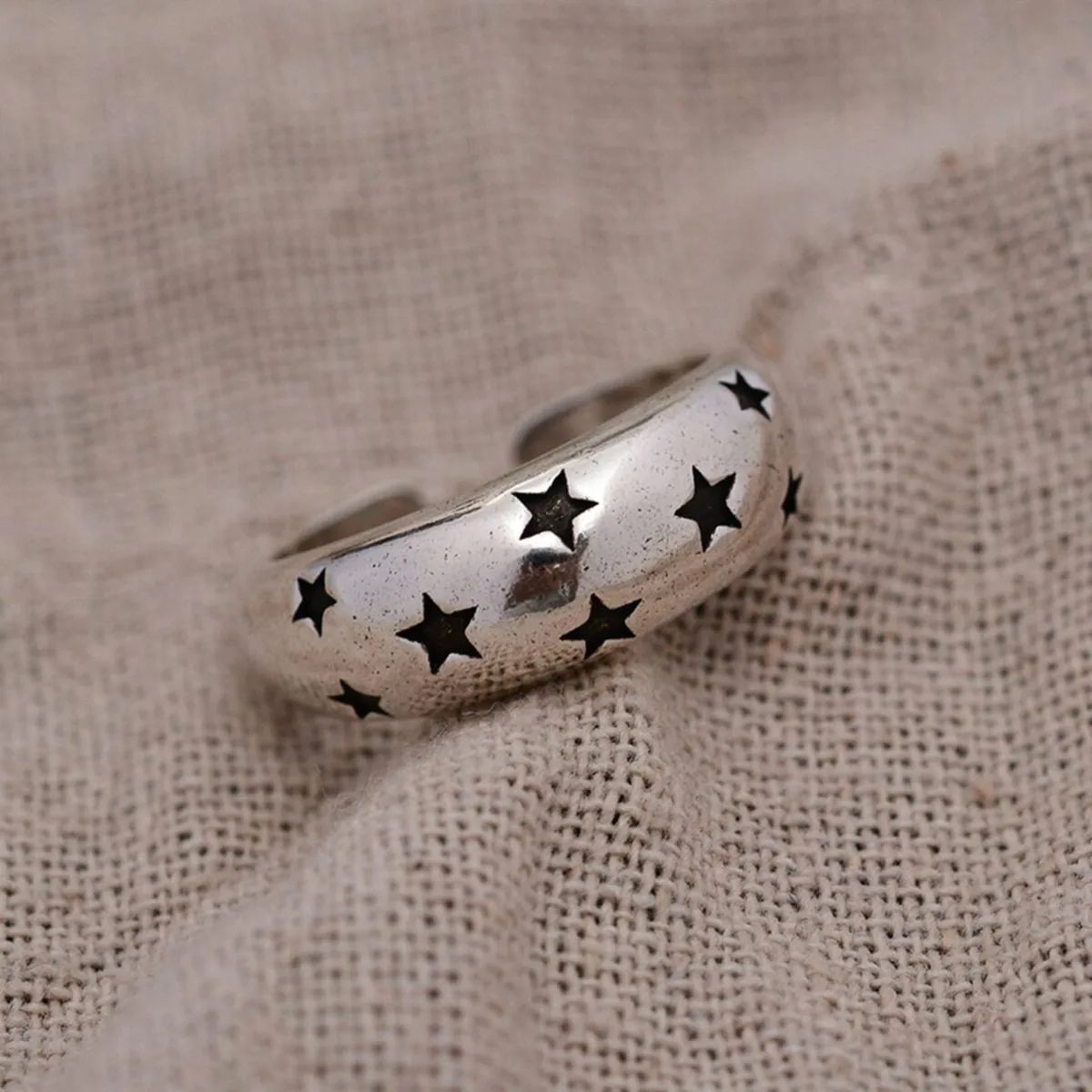 Black Star Glossy Silver Open Back Free Size Band Ring for Women