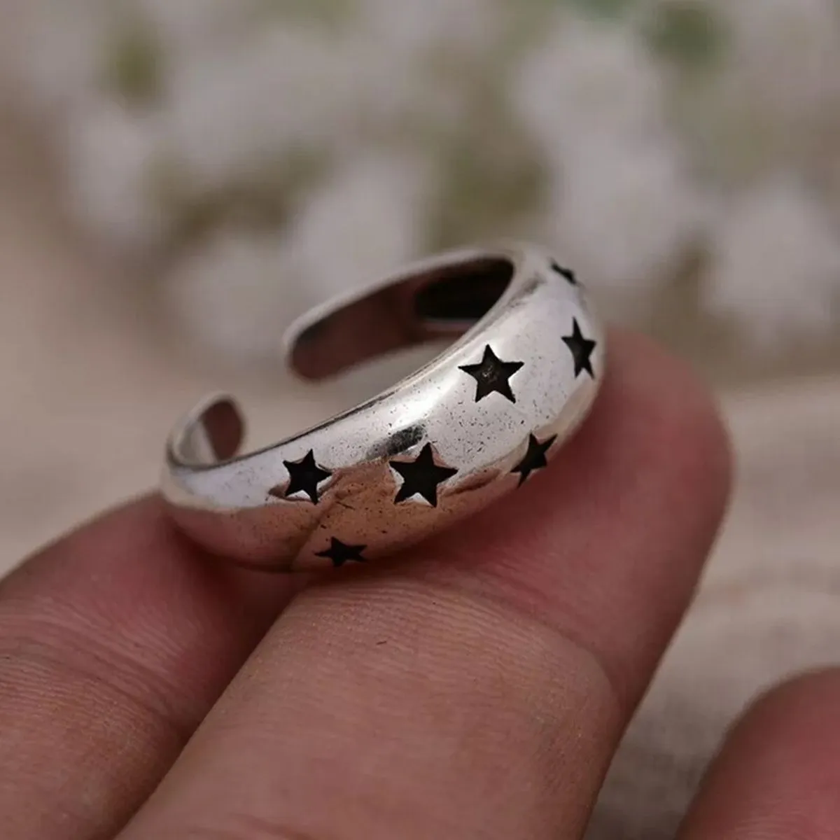 Black Star Glossy Silver Open Back Free Size Band Ring for Women