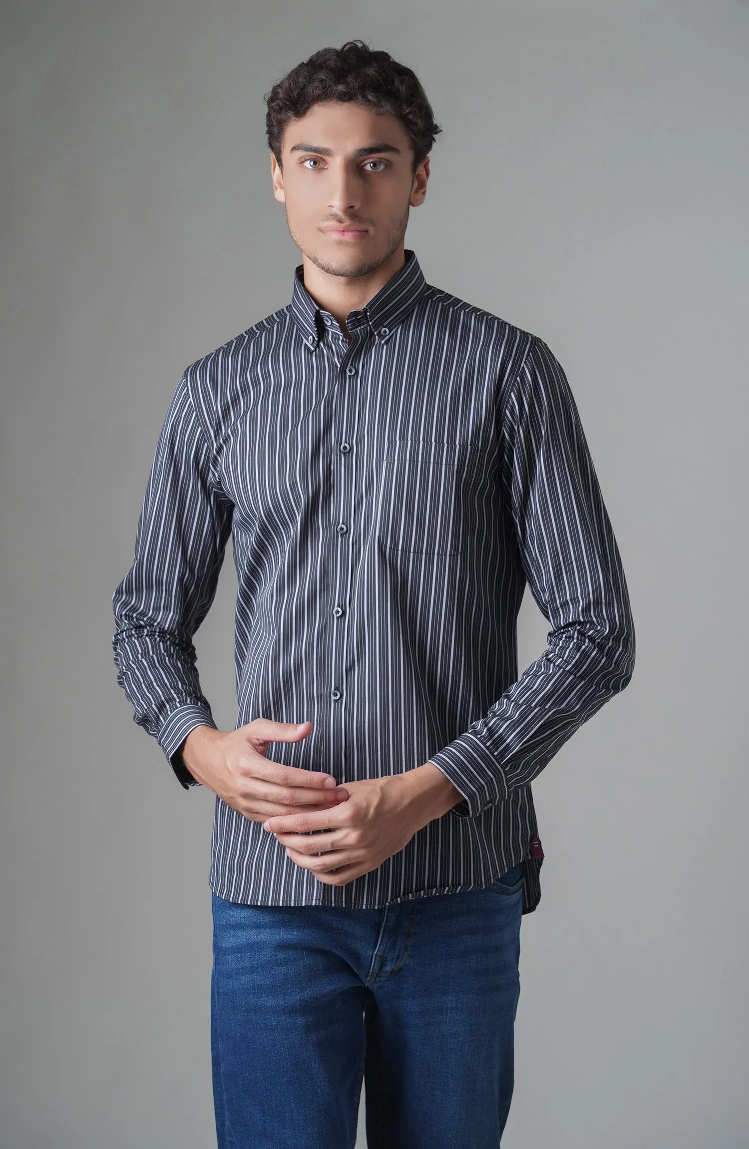 Black/Grey Full Sleeves Cotton Shirt