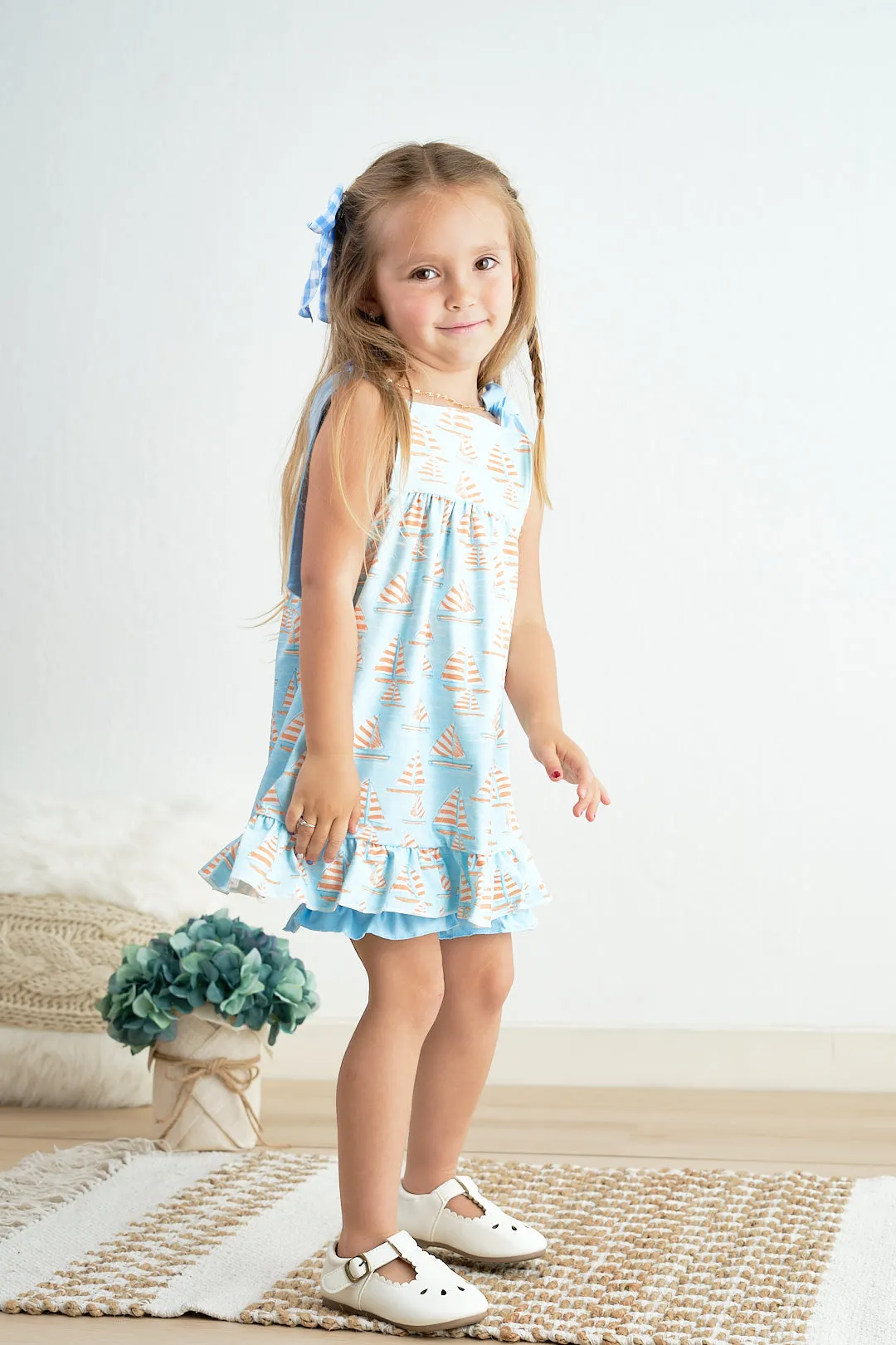 Blue sailboat print ruffle girl set