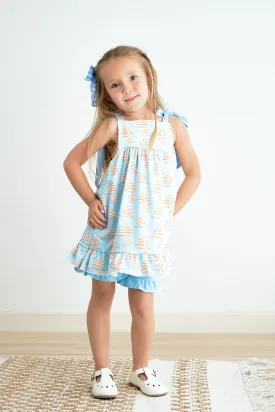 Blue sailboat print ruffle girl set