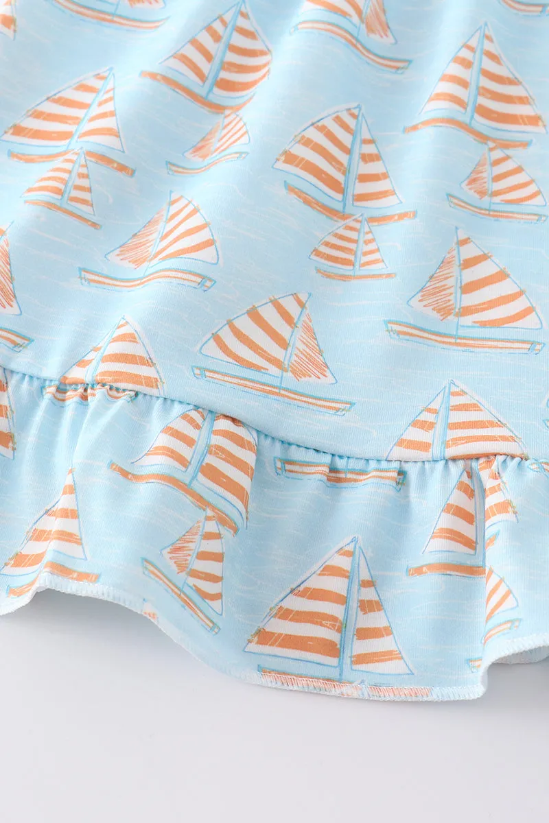 Blue sailboat print ruffle girl set