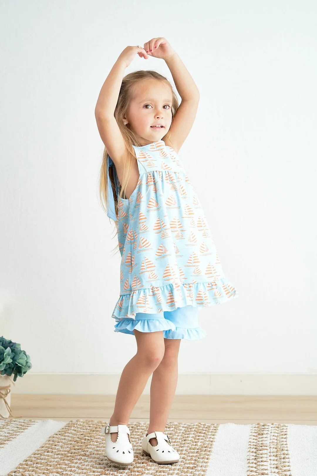 Blue sailboat print ruffle girl set