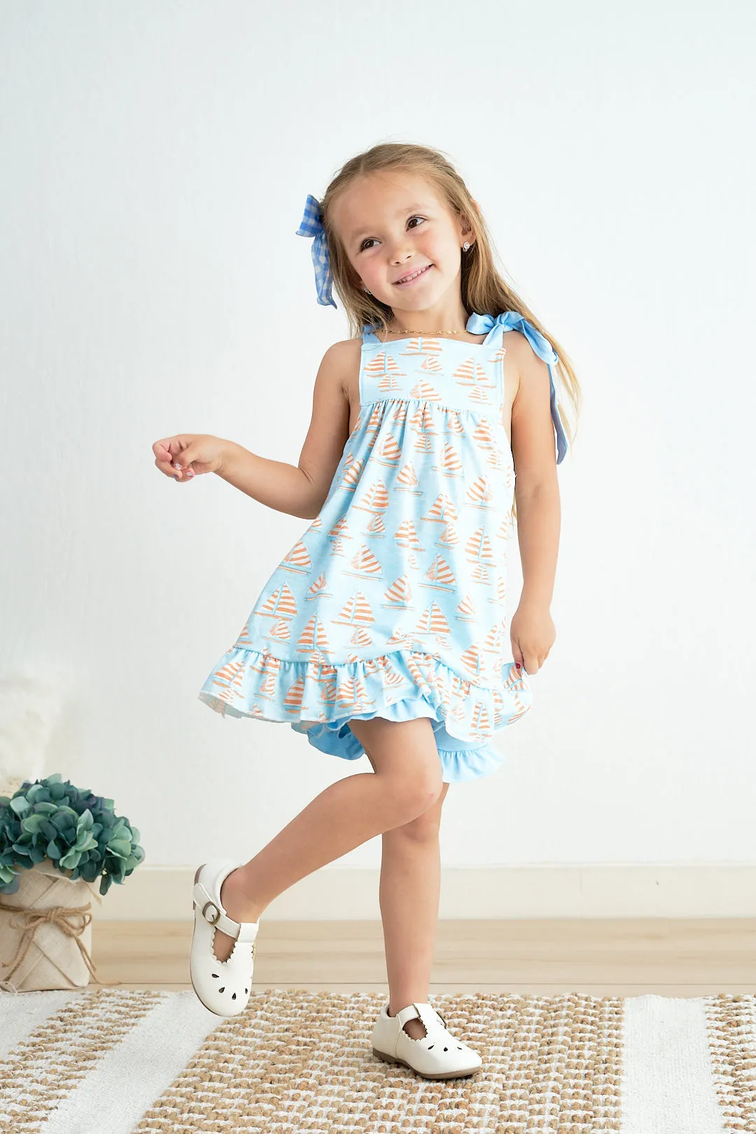 Blue sailboat print ruffle girl set