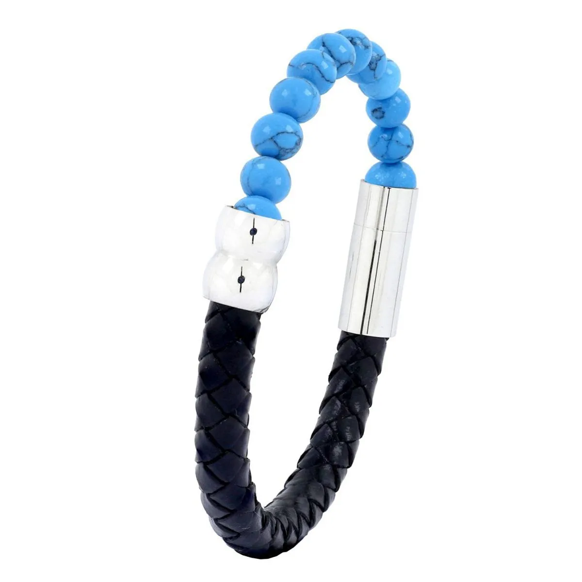 Blue Turquoise Beads Black Leather Stainless Steel Bracelet For Men