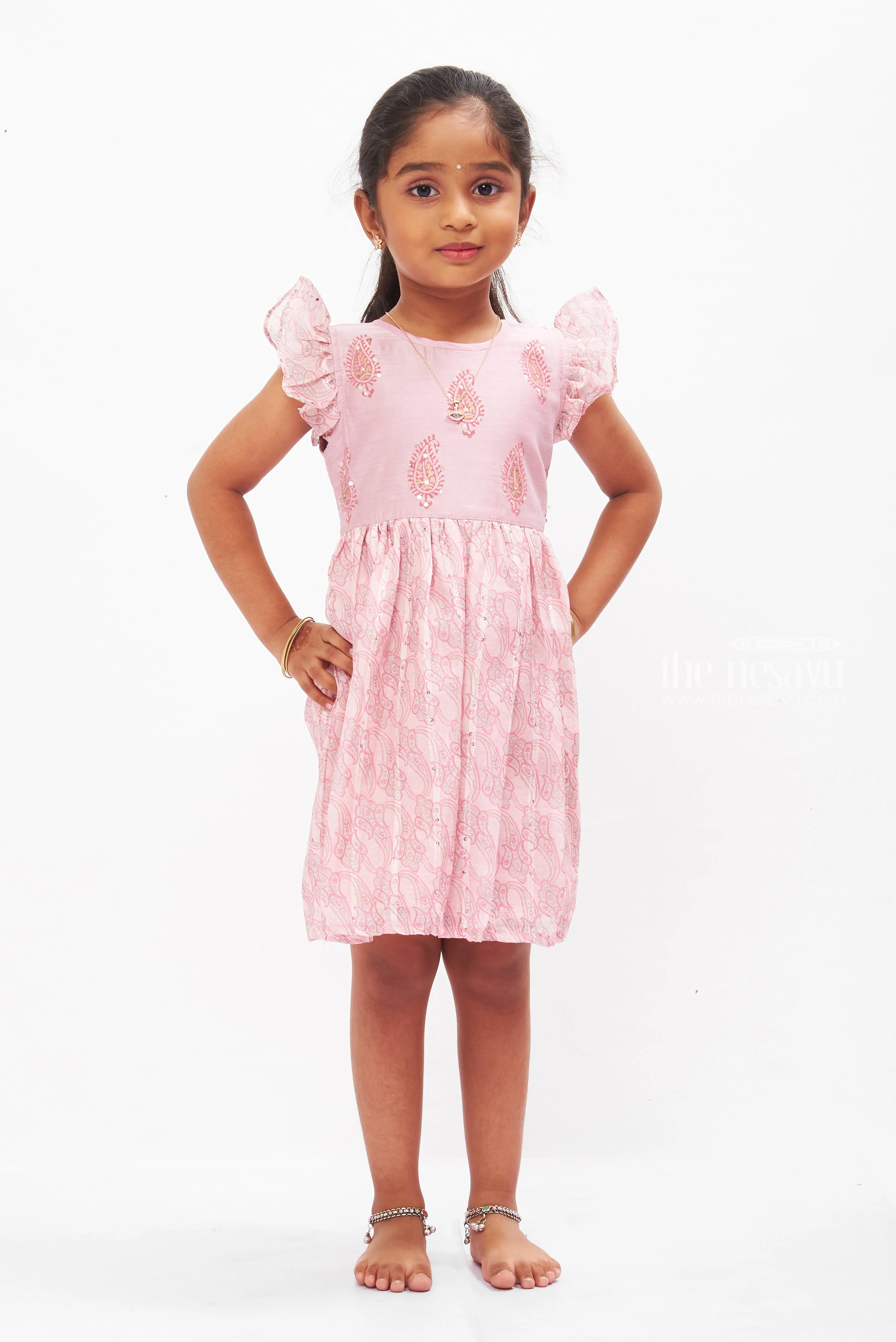 Blush Paisley Cotton Frock with Ruffle Sleeves for Girls