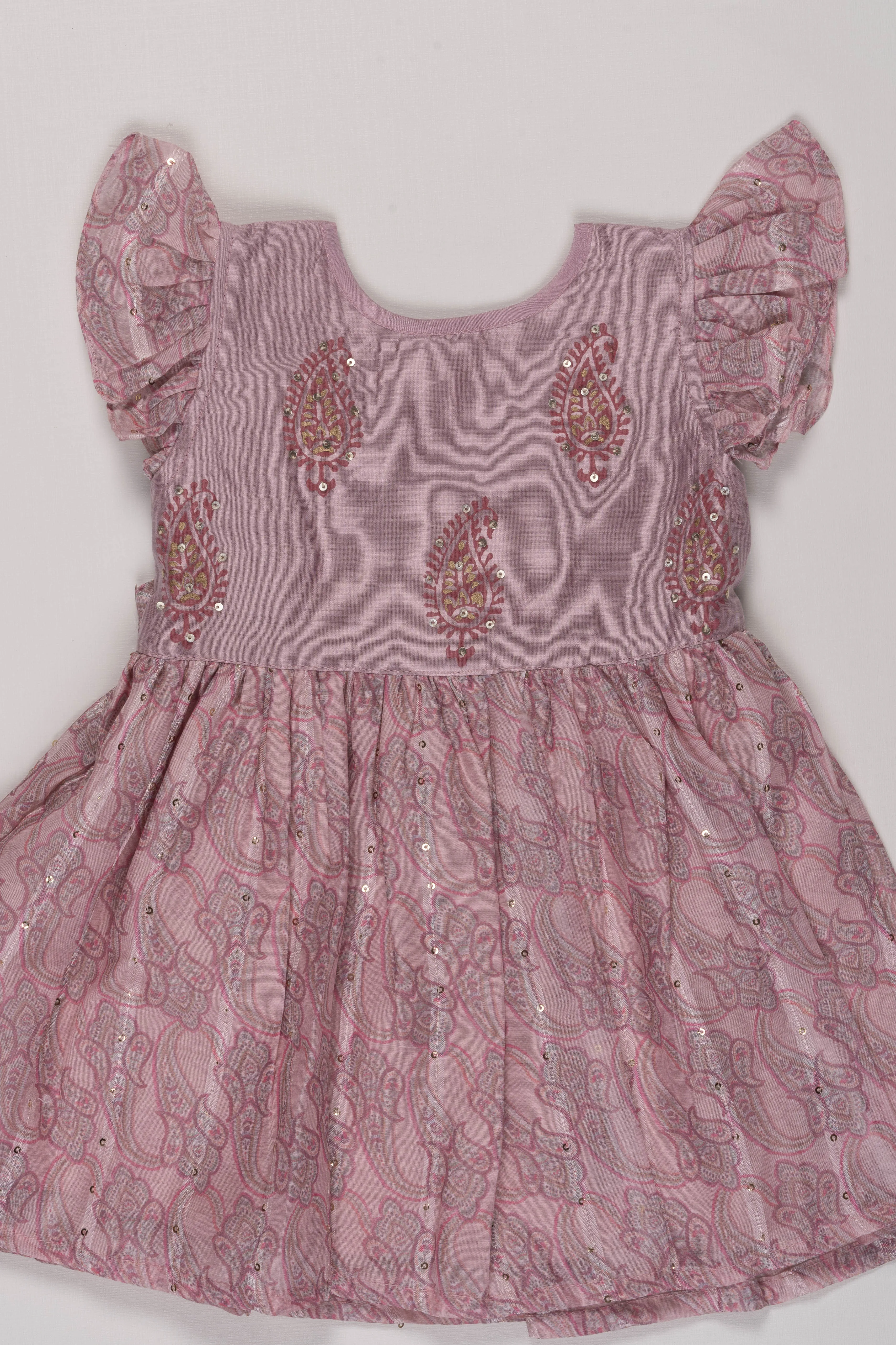 Blush Paisley Cotton Frock with Ruffle Sleeves for Girls