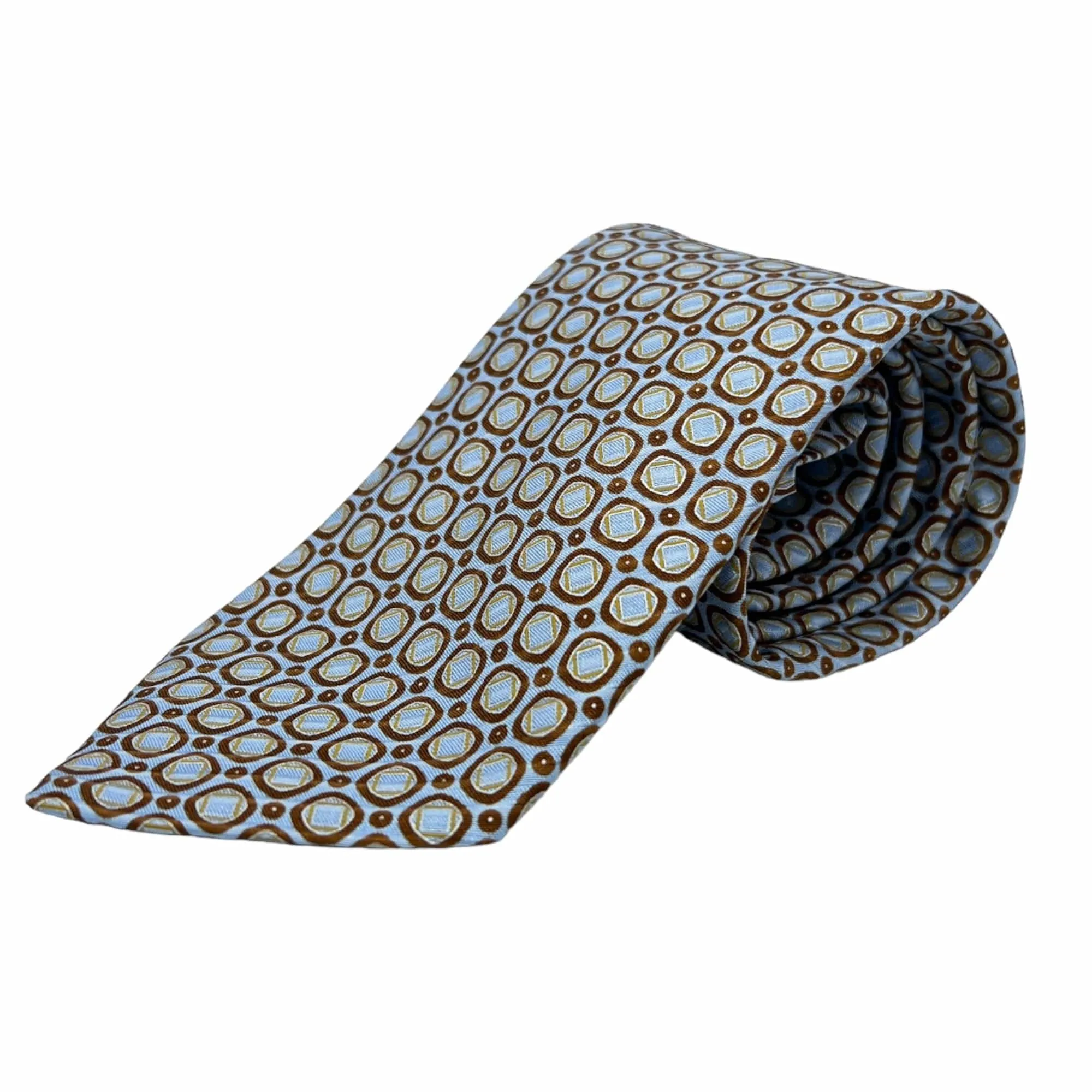 BRIONI Geometric Octagon Pattern Handmade Silk Tie - Brown & Powder Blue