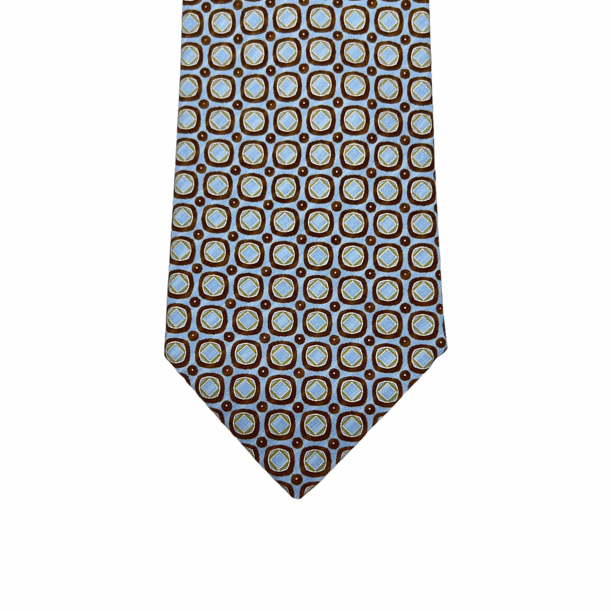 BRIONI Geometric Octagon Pattern Handmade Silk Tie - Brown & Powder Blue